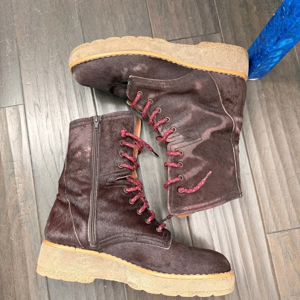 Free People Taos Cow Hair Leather Lace Up Lug Crepe Sole Boots Sz 11 Burgundy